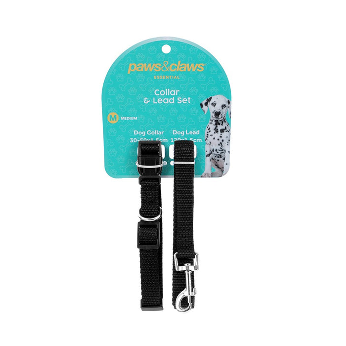 Paws & Claws ESSENTIALS COLLAR & LEAD SET COLS MED 30 - 50CM LEAD 120X1.5CM BLK/GREY/RED