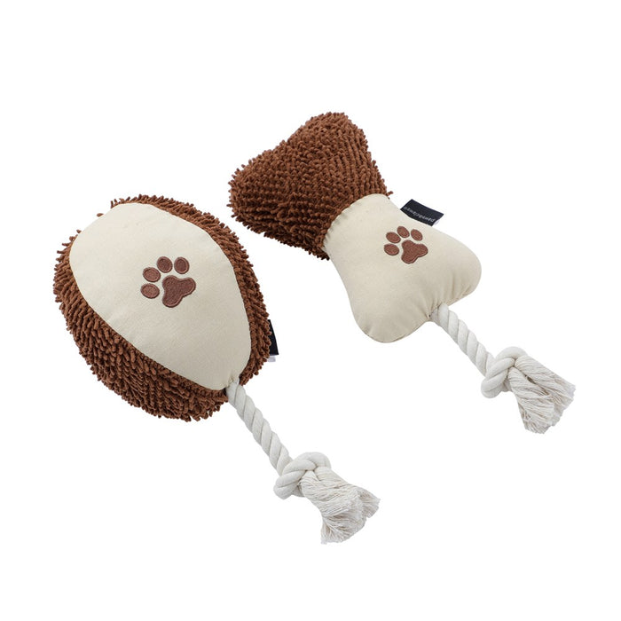 Paws & Claws PLUSH TUGGER BONE + FOOTBALL 29X12CM CANVAS + MICROFIBRE
