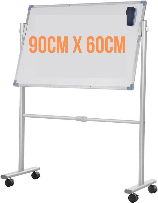 Large Double-Sided Magnetic Whiteboard with Stand - 360° Rotating, Dry Erase White Board Easy Write, Height Adjustable, Mobile on Wheels for Classroom, Office White Board (90cm * 60cm)