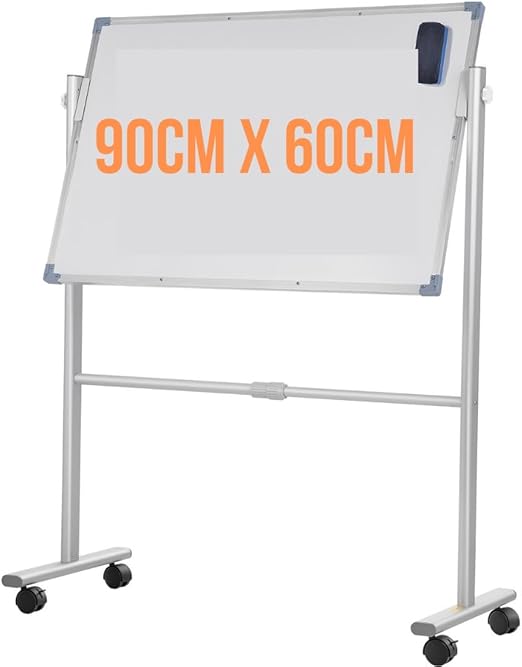 Large Double-Sided Magnetic Whiteboard with Stand - 360° Rotating, Dry Erase White Board Easy Write, Height Adjustable, Mobile on Wheels for Classroom, Office White Board (90cm * 60cm)