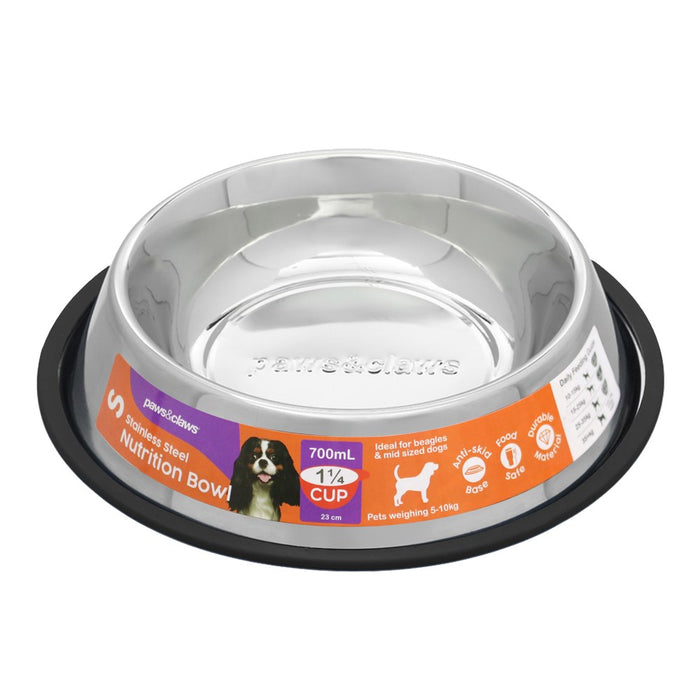 Paws & Claws STAINLESS STEEL PET BOWL BLACK ANTI-SKID 700ML 23X23X4.5CM