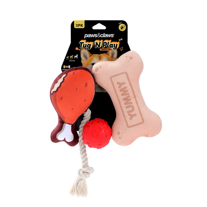 Paws & Claws TUG 'N PLAY 3PK PLUSH + TPR 17X11X5CM DESIGNS