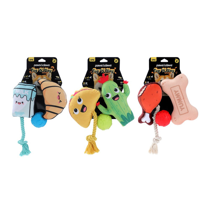 Paws & Claws TUG 'N PLAY 3PK PLUSH + TPR 17X11X5CM DESIGNS