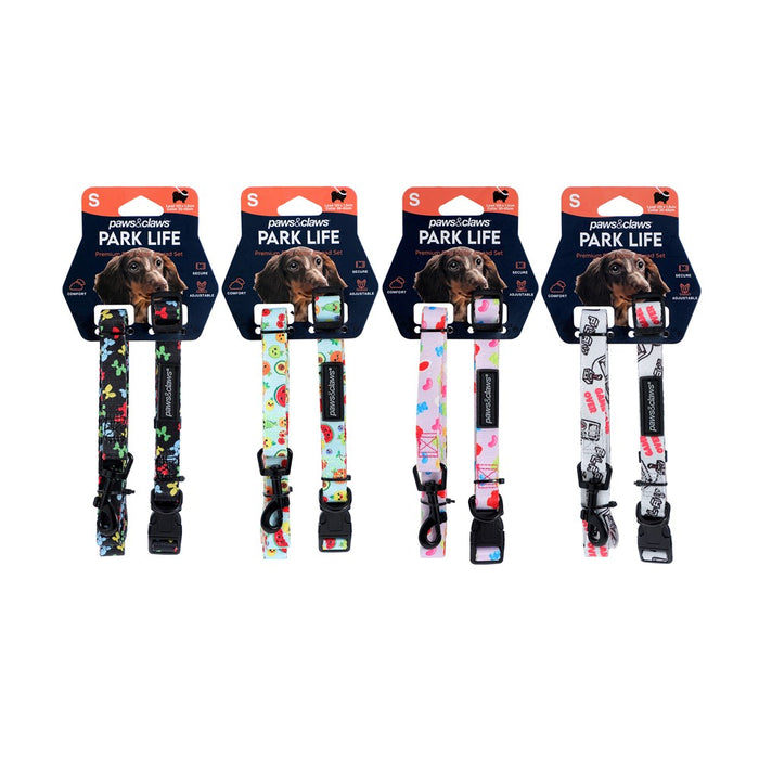 Paws & Claws PARK LIFE 3 COLLAR + LEAD SET SML DESIGNS 120X1.5CM LEAD/30-45CM COLLAR