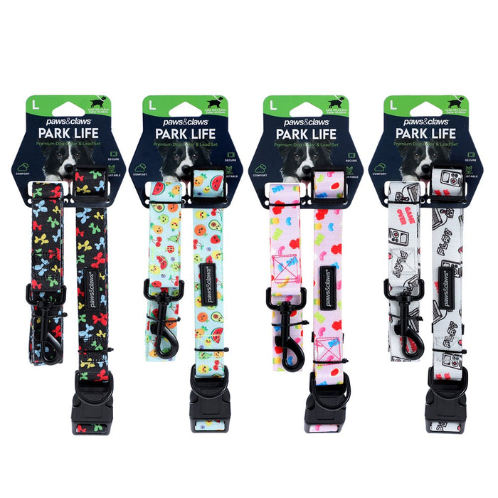 Paws & Claws PARK LIFE 3 COLLAR + LEAD SET LGE DESIGNS 120X2.5CM LEAD/45-65CM COLLAR