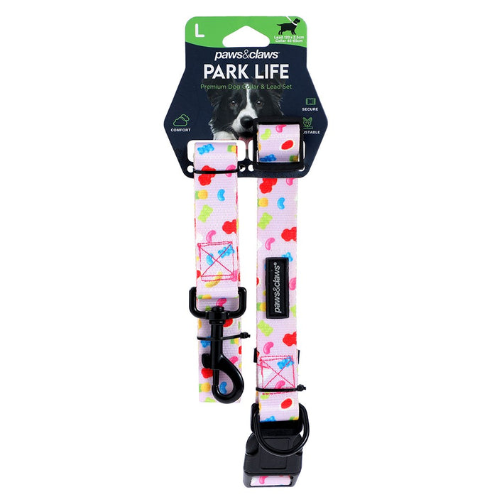 Paws & Claws PARK LIFE 3 COLLAR + LEAD SET LGE DESIGNS 120X2.5CM LEAD/45-65CM COLLAR