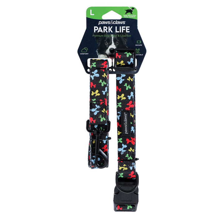 Paws & Claws PARK LIFE 3 COLLAR + LEAD SET LGE DESIGNS 120X2.5CM LEAD/45-65CM COLLAR