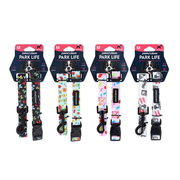 Paws & Claws PARK LIFE 3 COLLAR + LEAD SET MED DESIGNS 120X2CM LEAD/35-50CM COLLAR