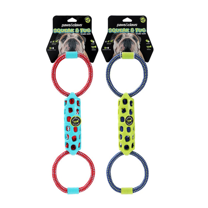 Paws & Claws SQUEAK & TUG DOUBLE TUGGER TPR + ROPE 39X12X5CM COLS