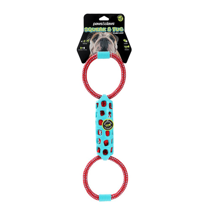 Paws & Claws SQUEAK & TUG DOUBLE TUGGER TPR + ROPE 39X12X5CM COLS