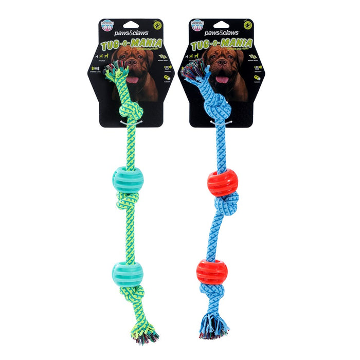 Paws & Claws TUG-O-MANIA RUBBER ROPE & BALL TUGGER 39X11.5X1.7CM