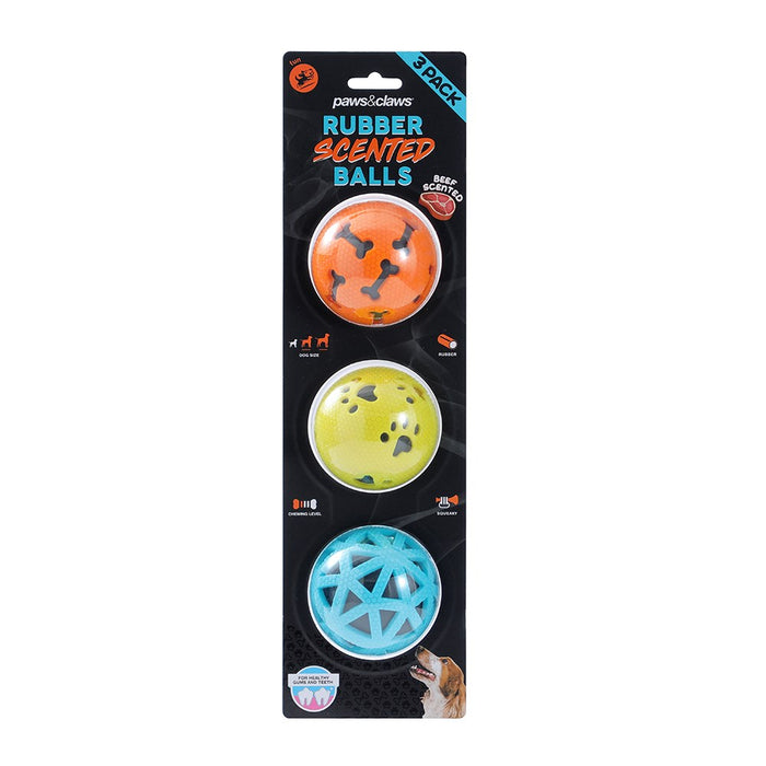 Paws & Claws RUBBER SCENTED BALLS 3PK 7CM BEEF SCENTED
