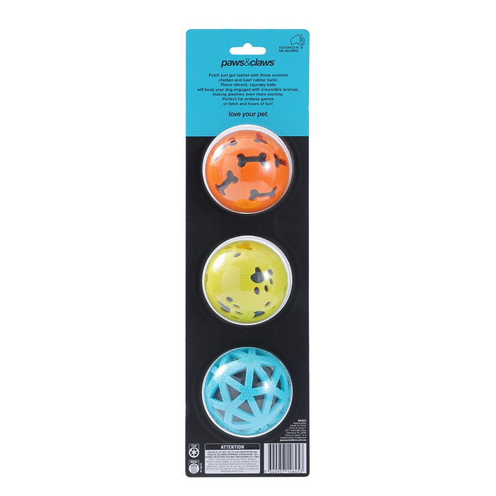 Paws & Claws RUBBER SCENTED BALLS 3PK 7CM BEEF SCENTED