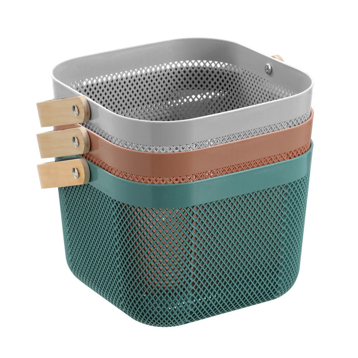 Boxsweden Mesh Plastic Basket Wood Handle 8.5L 24.5X24.5X18Cm