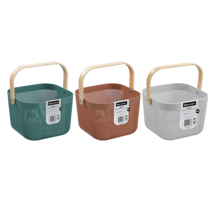 Boxsweden Mesh Plastic Basket Wood Handle 8.5L 24.5X24.5X18Cm