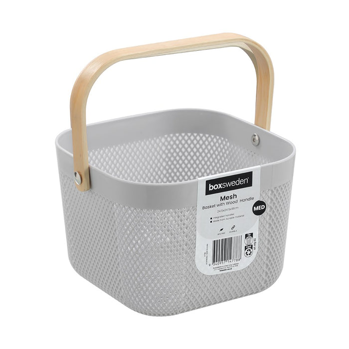 Boxsweden Mesh Plastic Basket Wood Handle 8.5L 24.5X24.5X18Cm