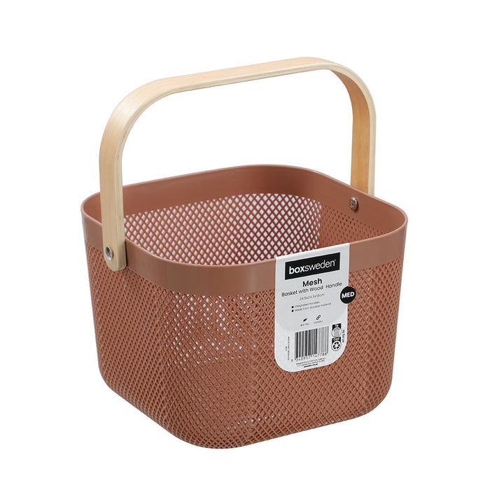 Boxsweden Mesh Plastic Basket Wood Handle 8.5L 24.5X24.5X18Cm