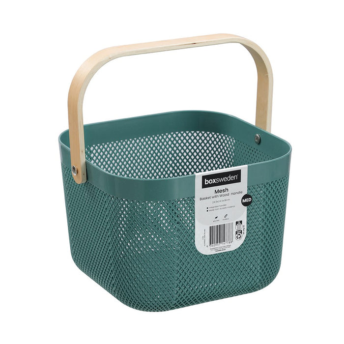 Boxsweden Mesh Plastic Basket Wood Handle 8.5L 24.5X24.5X18Cm