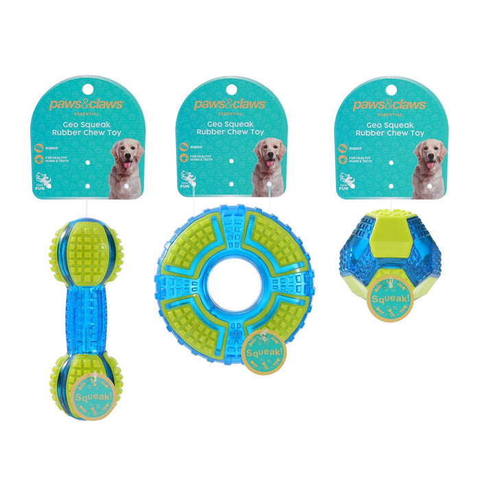 Paws & Claws GEO SQUEAK + CHEW TPR TOYS BALL 7.5CM / RING 12.5X4.5CM / BATON 15X5CM