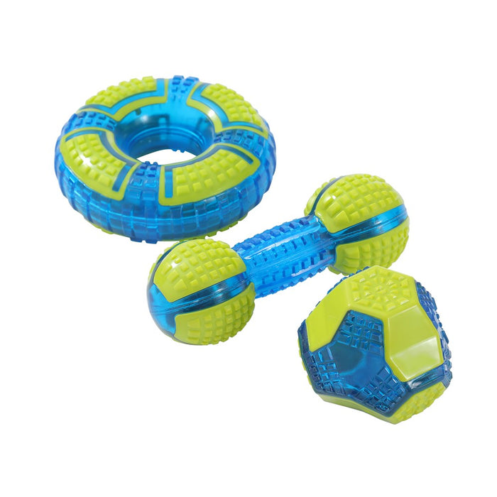 Paws & Claws GEO SQUEAK + CHEW TPR TOYS BALL 7.5CM / RING 12.5X4.5CM / BATON 15X5CM