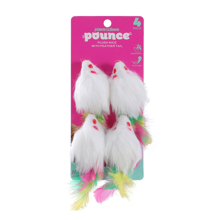 Paws & Claws POUNCE PLUSH MICE W FEATHER TAIL 4PK 9X5X4.3CM