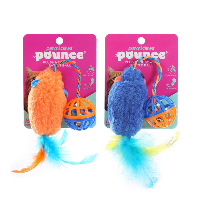 Paws & Claws POUNCE PLUSH MOUSE W RATTLE BALL COLS 30X5CM
