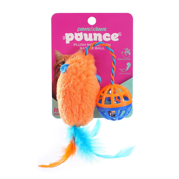 Paws & Claws POUNCE PLUSH MOUSE W RATTLE BALL COLS 30X5CM