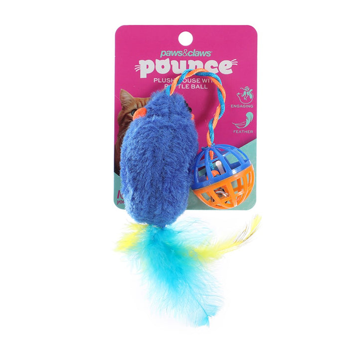Paws & Claws POUNCE PLUSH MOUSE W RATTLE BALL COLS 30X5CM