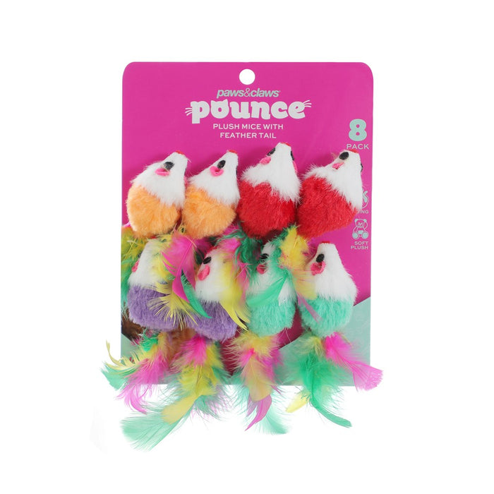 Paws & Claws POUNCE PLUSH MICE W FEATHER TAIL 8PK 10X4X4CM