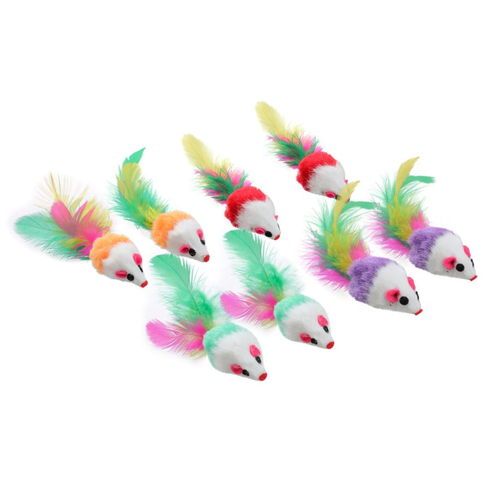 Paws & Claws POUNCE PLUSH MICE W FEATHER TAIL 8PK 10X4X4CM