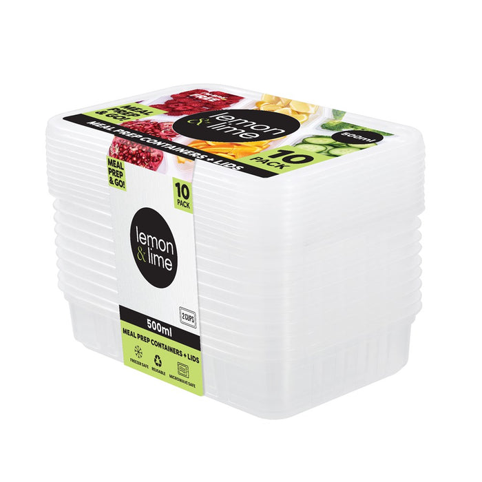 Lemon & Lime PREMIUM REUSABLE CONTAINERS 10PK 500ML CLEAR BODY & CLEAR LID