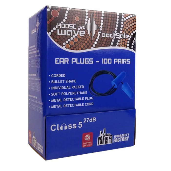 Wave Food Safe Detectable Ear Plugs - Class 5, 27dB, Blue H005C - 100 Pairs Per Box