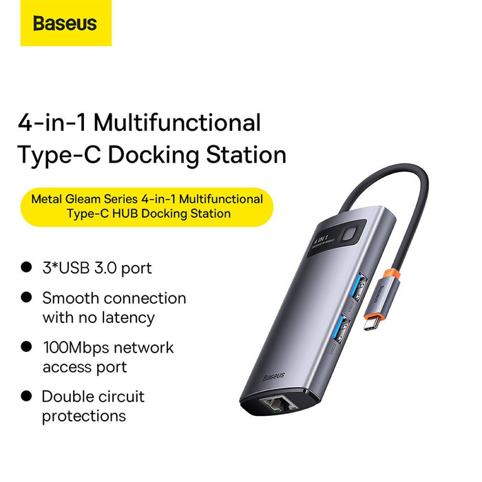 Baseus Metal Gleam Series 4-in-1 Multifunctional Type-C HUB Docking Station (Type-C to USB3.0*3+RJ45*1)-Gray