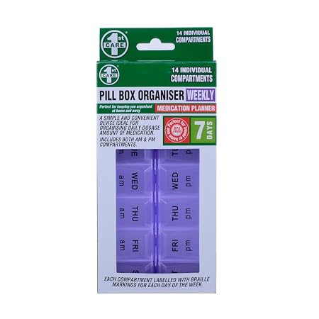 Pill Box 7 Day Organiser with 14 Slots with braille ¨C Blue & Purple