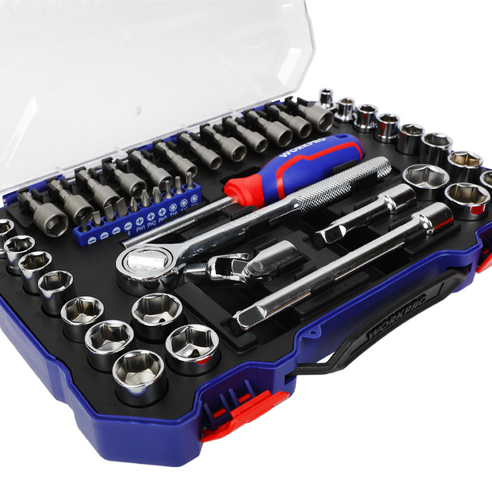 Workpro 47 pieces 3/8" Dr. 6 Point Socket Set Deep Socket Set Metric Wrench CRV 1/4" Drive Flexiable Extension Bar Tools