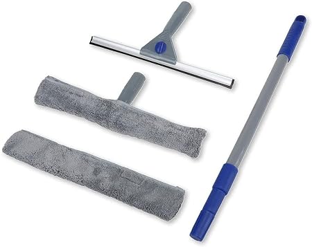 Squeegee Window Cleaning Set With Telescopic Extendable Handle Includes: 2 x Microfibre pads 1 x Rubber squeegee & 1 x Extendable pole