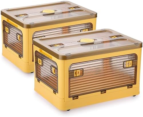 Folding Storage Bins, 28 Liters, 2 Pcs Green Plastic Storage Containers with Wheels, Four Doors, Foldable, Stackable, Plastic Box with Lids for Organization, Storage Cart