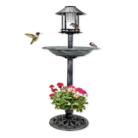 Solar Light Bird Bath With Feeder 108cm x 50cm Silver/Black