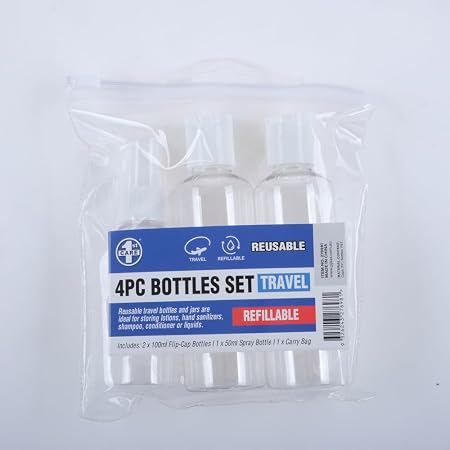 Refillable Toiletry Travel Bottle Set 3pc with Clear Resealable PVC Bag - Includes: 2x 100ml Flip Top, 1x 50ml Spray Bottle, Carry Bag