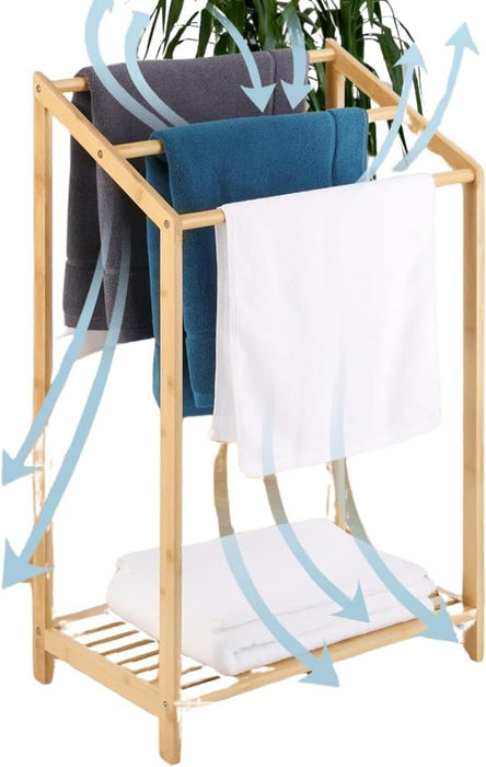 Bamboo Towel Rack - Freestanding Bamboo Bathroom Towerl Shelf with 3-Tier Rail for Bath Towels & Blankets – Minimalist Look – Fits Over Bath Mat, Ideal for Bathroom