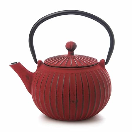 CAST IRON TEAPOT 500ML - RIBBED RED/BLACK
