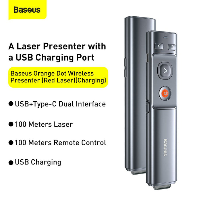 Baseus Orange Dot Wireless Presenter (Red Laser) (Charging Version)-Grey