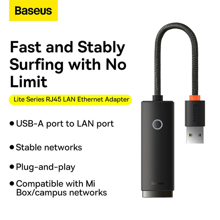 Baseus Lite Series Ethernet Adapter USB-A to RJ45 LAN Port 100Mbps-Black