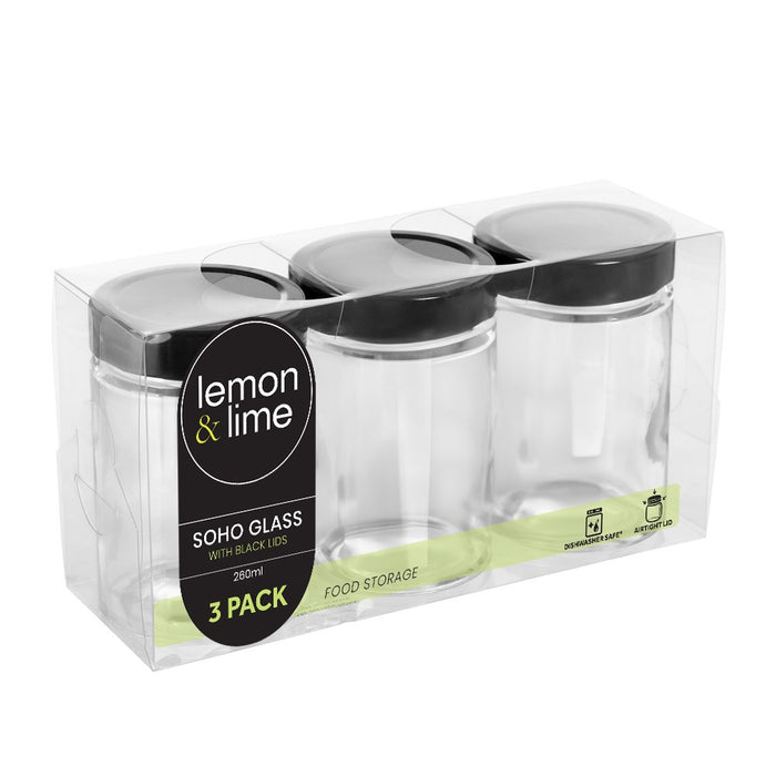 Lemon & Lime SOHO GLASS PRESERVE JAR 260ML 3PK WITH BLACK LID