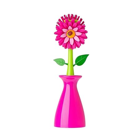 Flower Power Pink Dish Brush With Vase