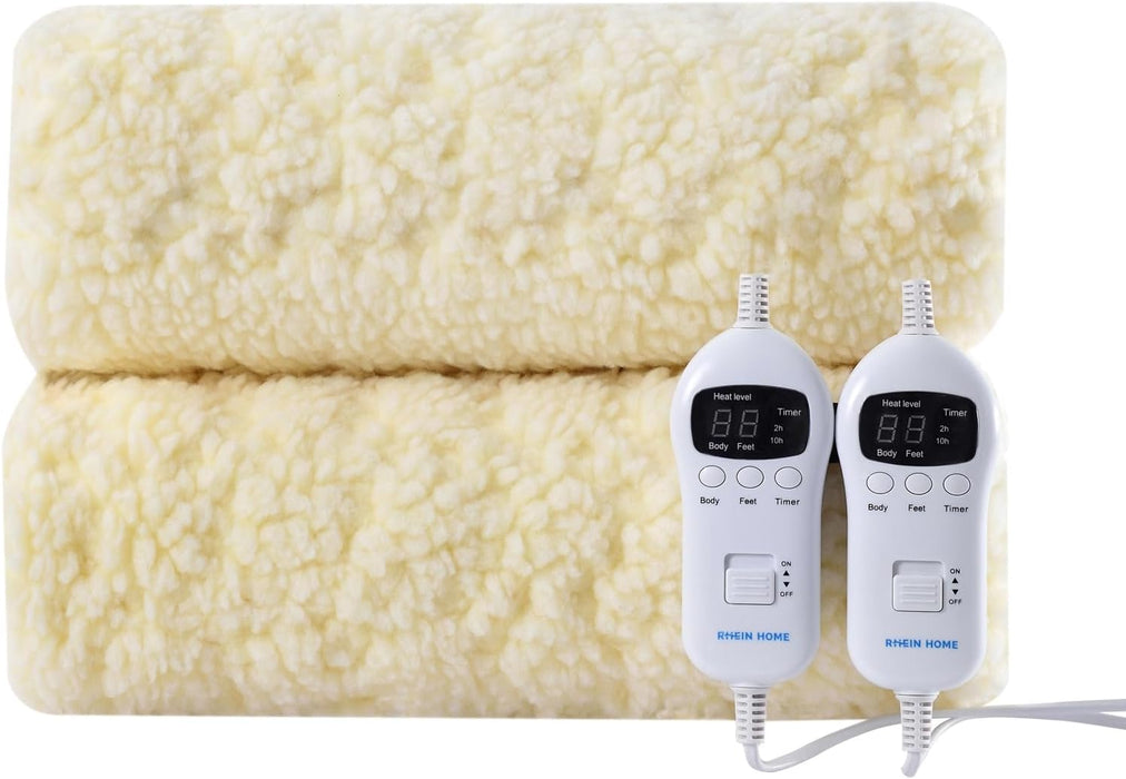 RHEIN HOME Fleece Top Multizone Electric Blanket Queen Size | Dual Control Fitted Heated Underblanket with Timer | Electric Fleece Top Bed Warmer with Gift Bag(203×152cm)