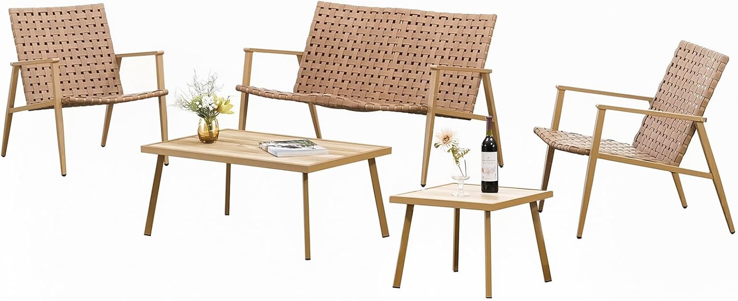 ONEIN Outdoor Table and Chairs, 5-Piece Patio Furniture Set, Wicker Bistro Set with Coffee Side Table & Woven Sofa Chair for Garden Balcony Poolside Backyard, Comfortable & Stylish