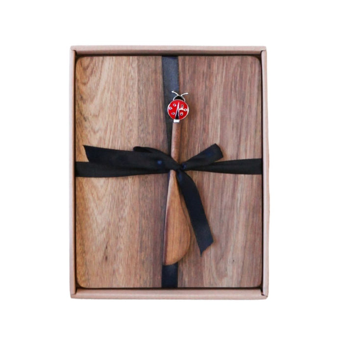 2 set Acacia Cheeseboard w Lady Beetle Spreader