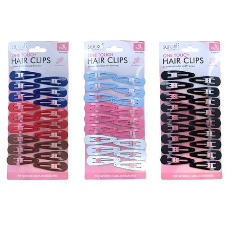 Hair Clips One Touch 18pk - 45mm - 3 Assorted packs Includes Pack 1 Navy, Red, Brown, Pack 2 Pink, White, Baby Blue - Pack 3 Black only
