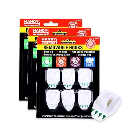 Removable Hooks Square Plastic 27mm x 27mm 6pk (Holding Weight 500g)